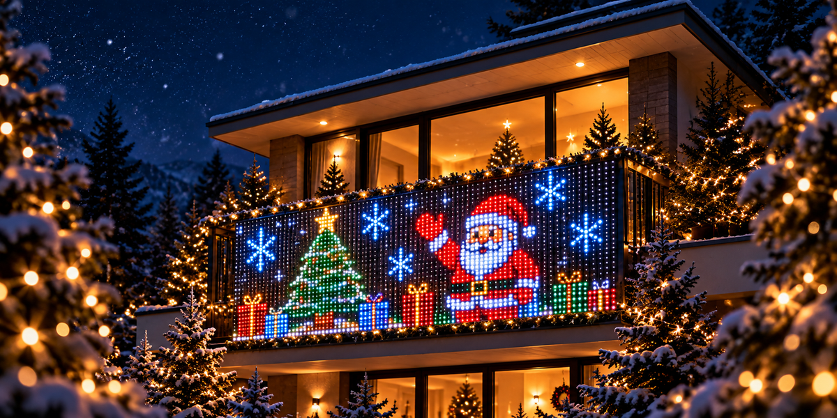 Balcone illuminato con decorazioni LED natalizie